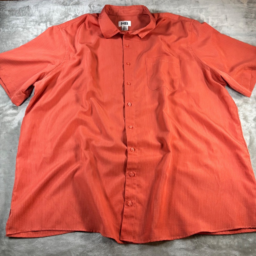 HB Mens 2XLT Coral Orange Textured Grid Short Sleeve Button Down Shirt Pocket